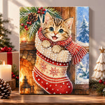 Tabby kitten inside christmas stocking pearl diamond painting kit for beginners
