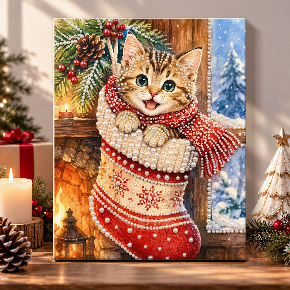 Tabby kitten inside christmas stocking pearl diamond painting kit for beginners