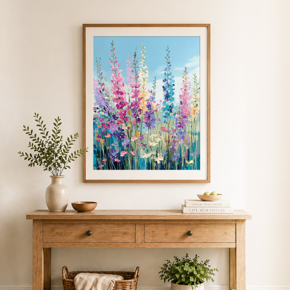 Finished tall colorful foxglove flowers on blue cross stitch artwork displayed as home decor