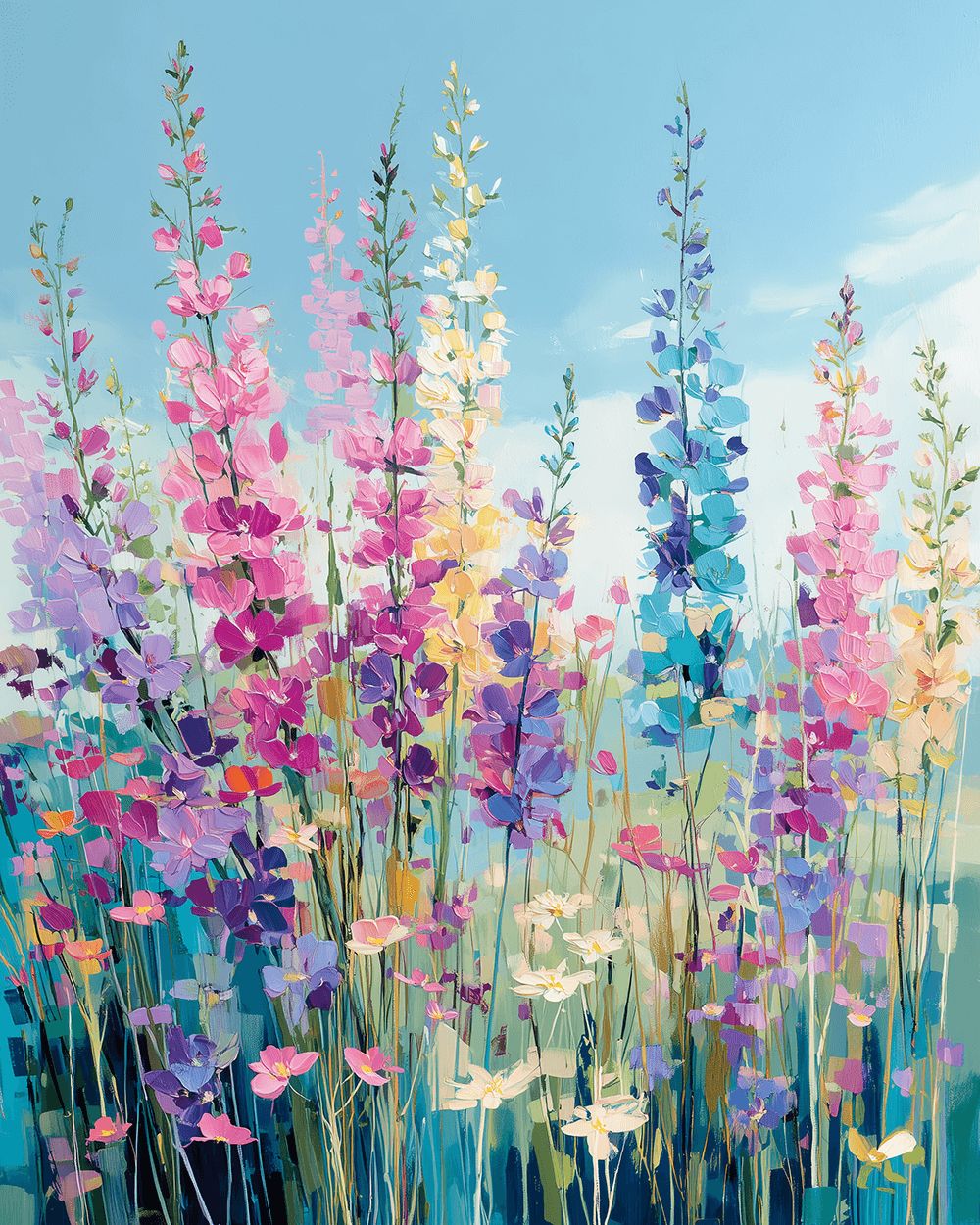 Tall colorful foxglove flowers on blue cross stitch kit for beginners