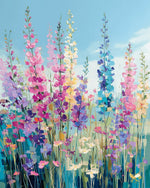 Tall colorful foxglove flowers on blue cross stitch kit for beginners