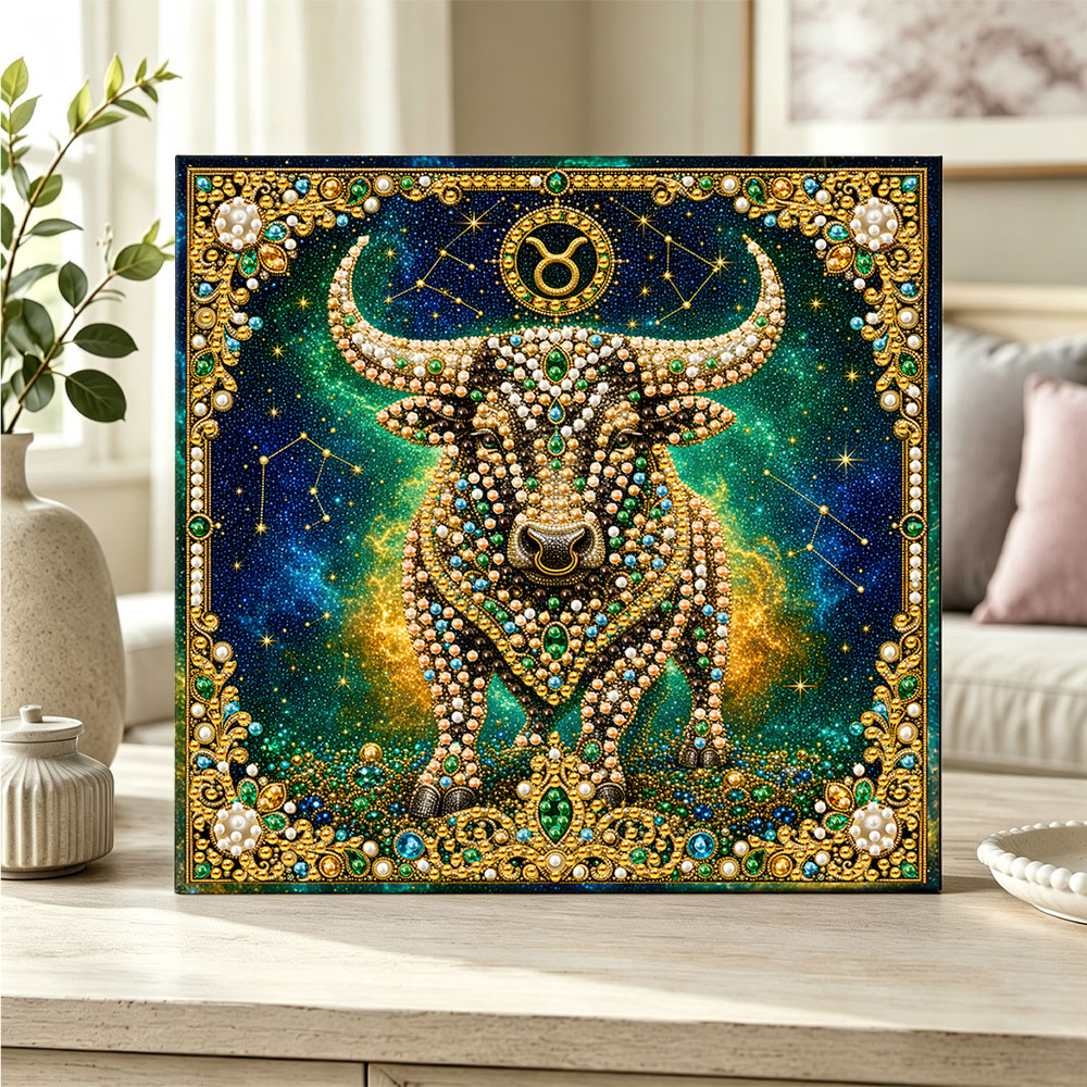 Finished taurus bull pearl diamond painting artwork displayed as home decor