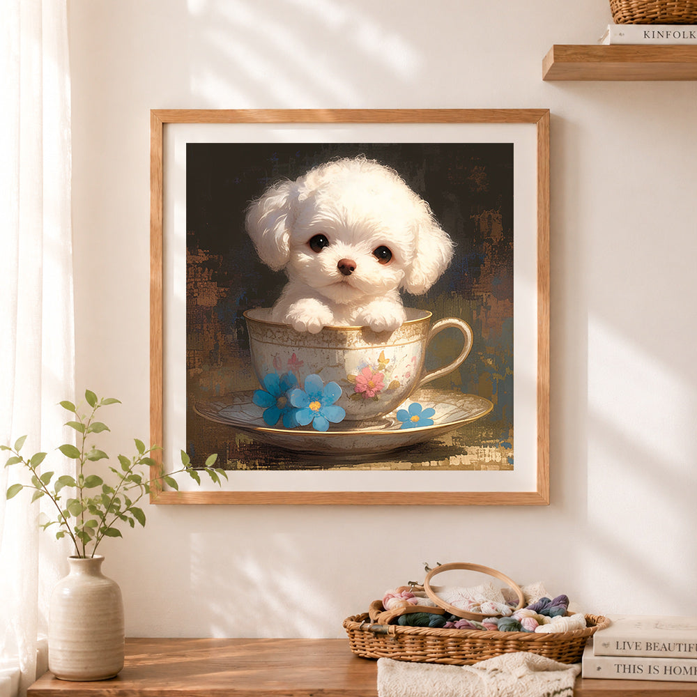 Finished teacup white puppy cross stitch artwork displayed as home decor