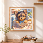 Finished teacup yorkie puppy cross stitch artwork displayed as home decor