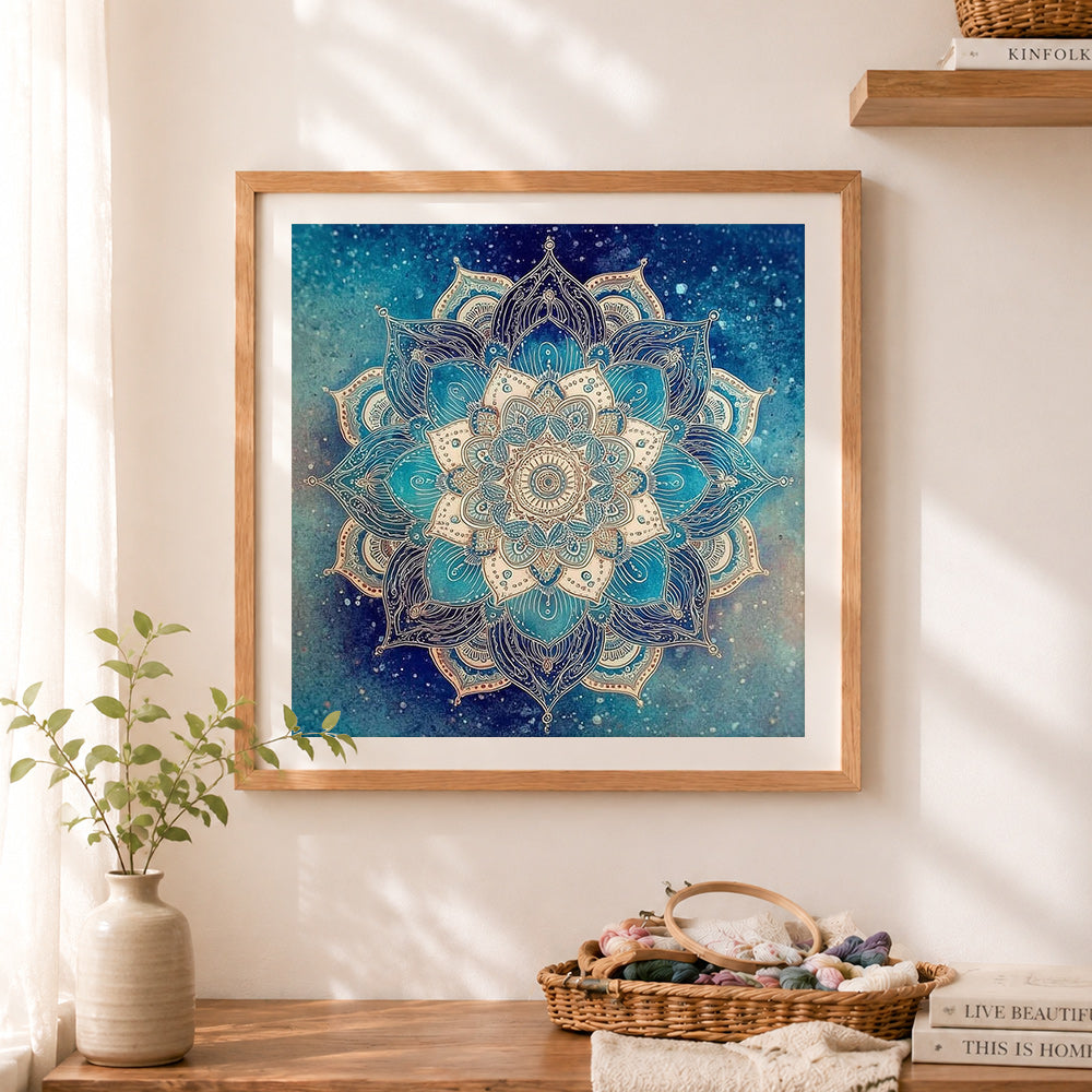 Finished teal and white symmetrical mandala cross stitch artwork displayed as home decor