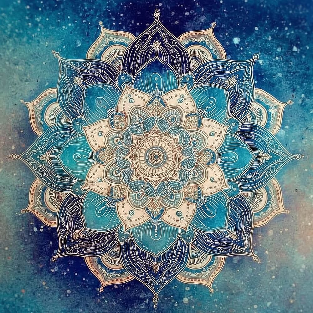Teal and white symmetrical mandala cross stitch kit for beginners