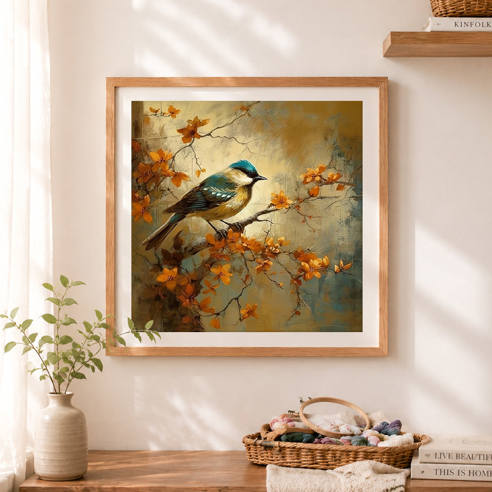 Finished teal bird on orange blossom cross stitch artwork displayed as home decor