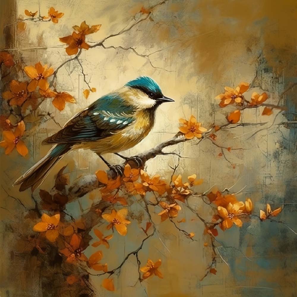 Teal bird on orange blossom cross stitch kit for beginners