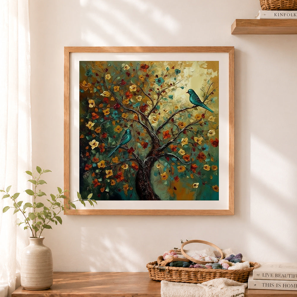 Finished teal birds on blooming tree cross stitch artwork displayed as home decor