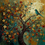 Teal birds on blooming tree cross stitch kit for beginners