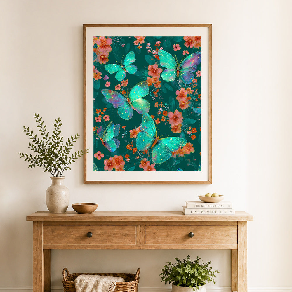 Finished teal butterflies and florals cross stitch artwork displayed as home decor