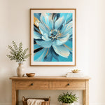 Finished teal floral art cross stitch artwork displayed as home decor