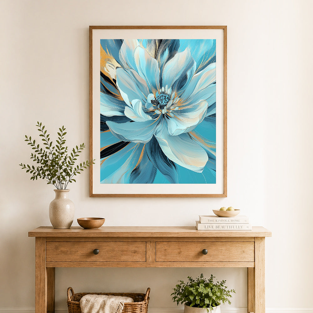 Finished teal floral art cross stitch artwork displayed as home decor