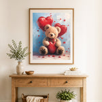 Finished teddy bear and heart balloons cross stitch artwork displayed as home decor