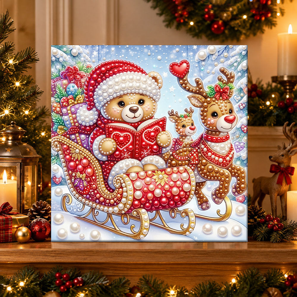 Finished teddy bear on festive sleigh pearl diamond painting artwork displayed as holiday home decor