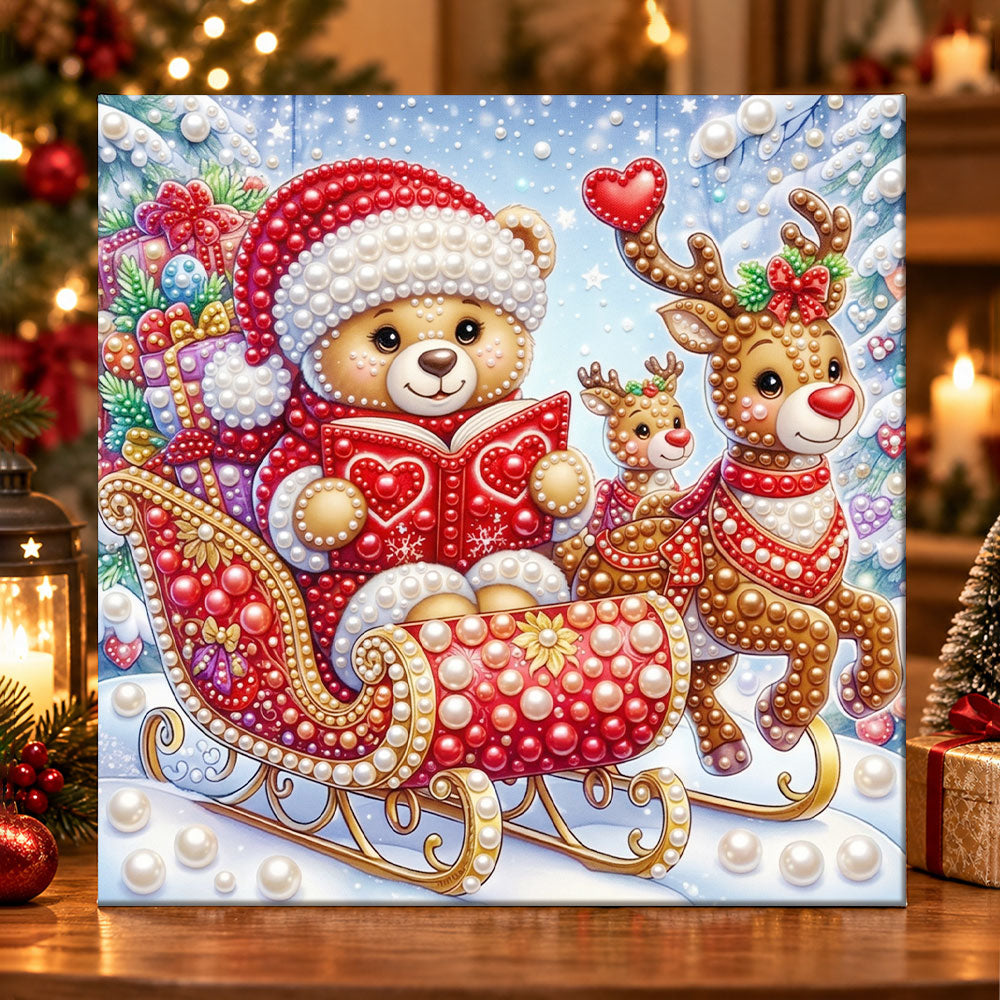 Teddy bear on festive sleigh pearl diamond painting kit for beginners