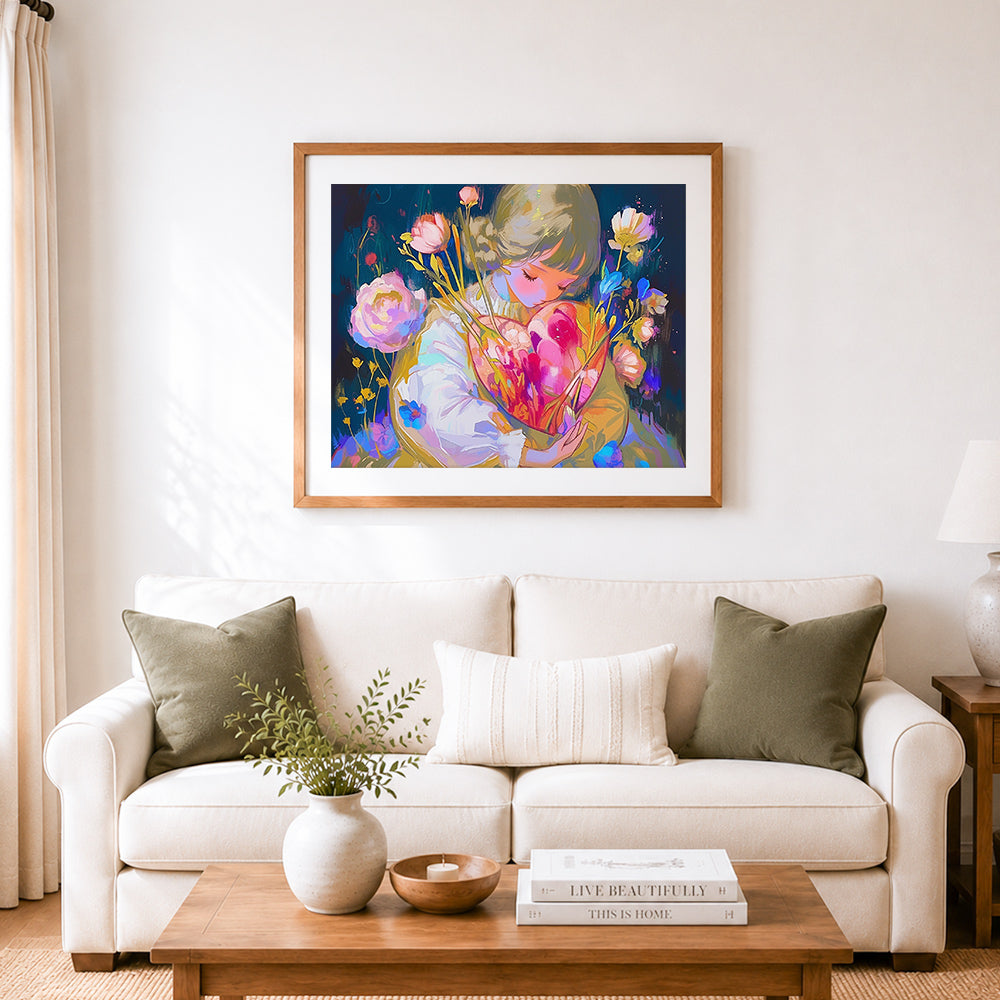 Finished tender heart full of blooms cross stitch artwork displayed as home decor