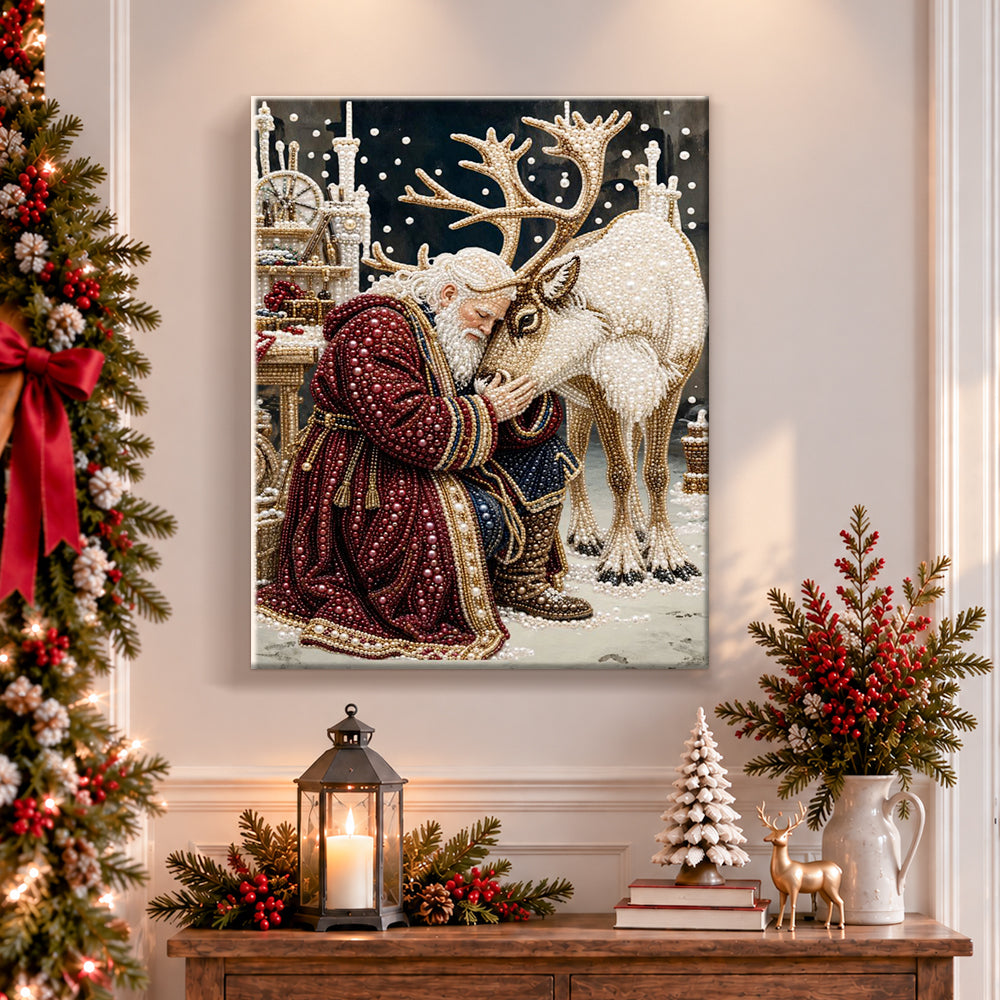 Finished tender moment with reindeer pearl diamond painting artwork displayed as holiday home decor