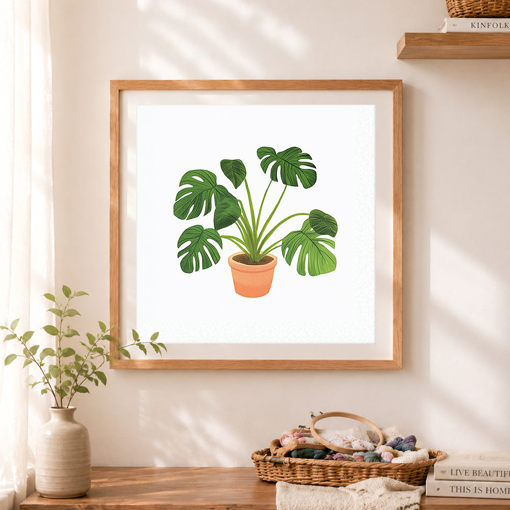 Finished terracotta‑pot monstera cross stitch artwork displayed as home decor