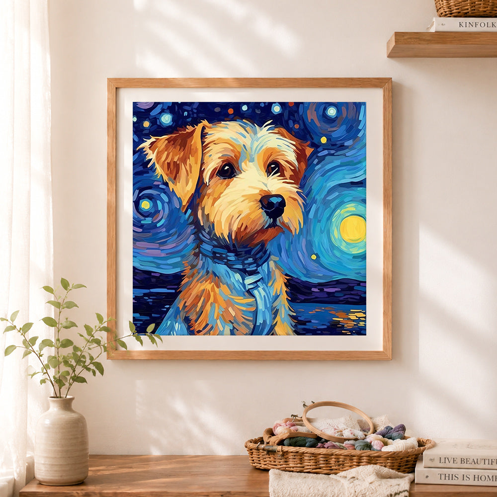 Finished terrier under starry sky cross stitch artwork displayed as home decor