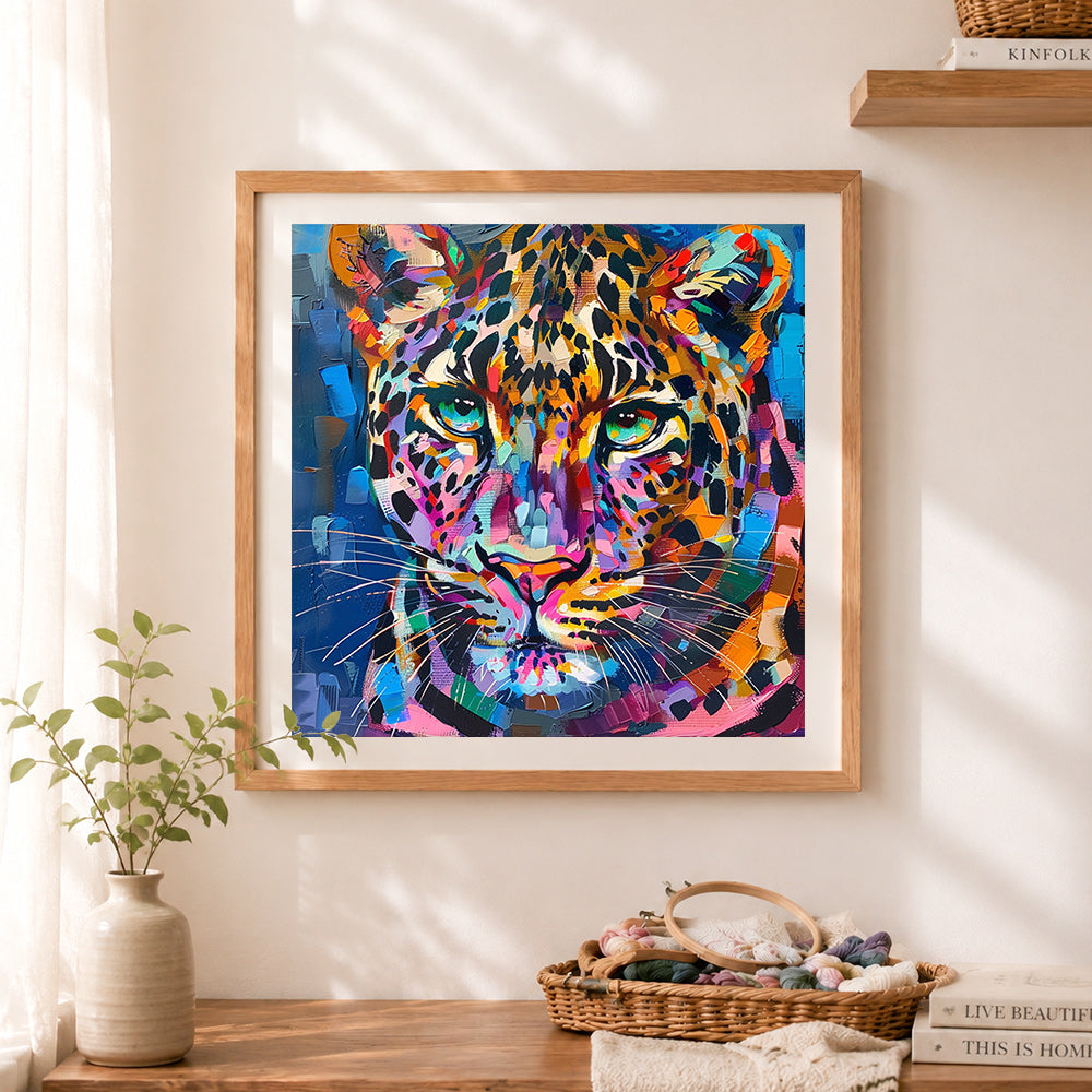 Finished textured colorful leopard portrait cross stitch artwork displayed as home decor