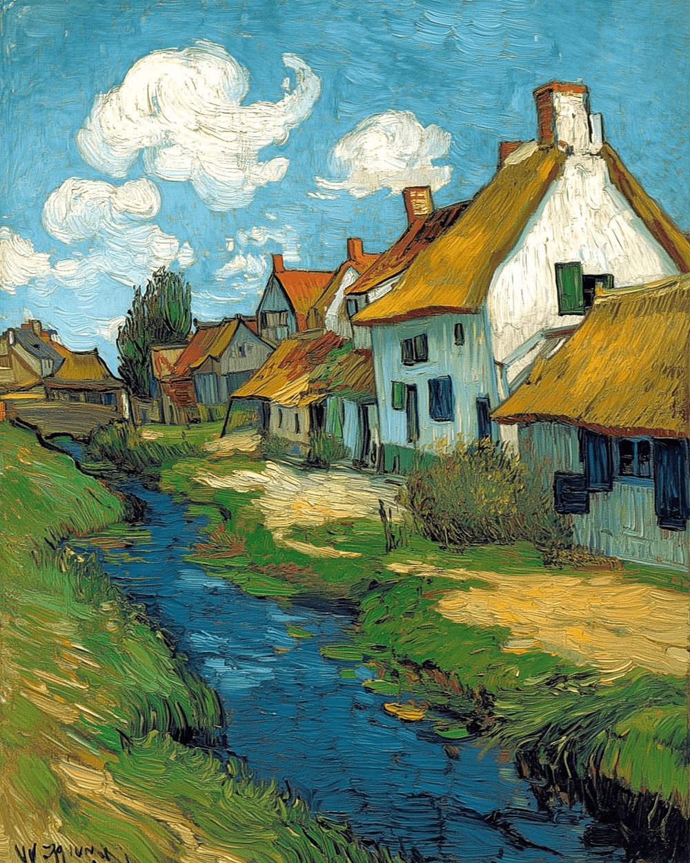 Thatched roof village by blue stream cross stitch kit for beginners
