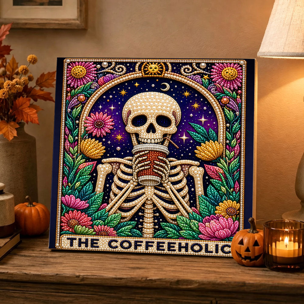Finished the coffeeholic skeleton pearl diamond painting artwork displayed as holiday home decor