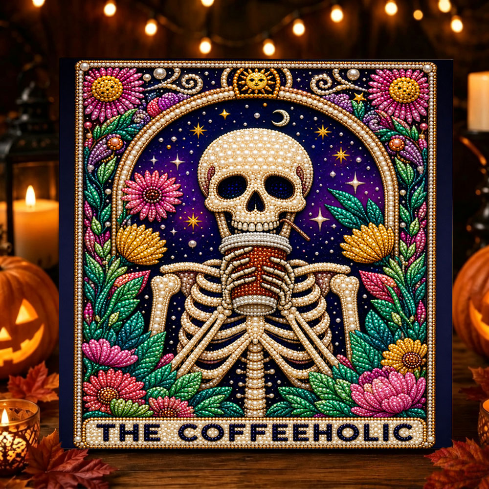 The coffeeholic skeleton pearl diamond painting kit for beginners