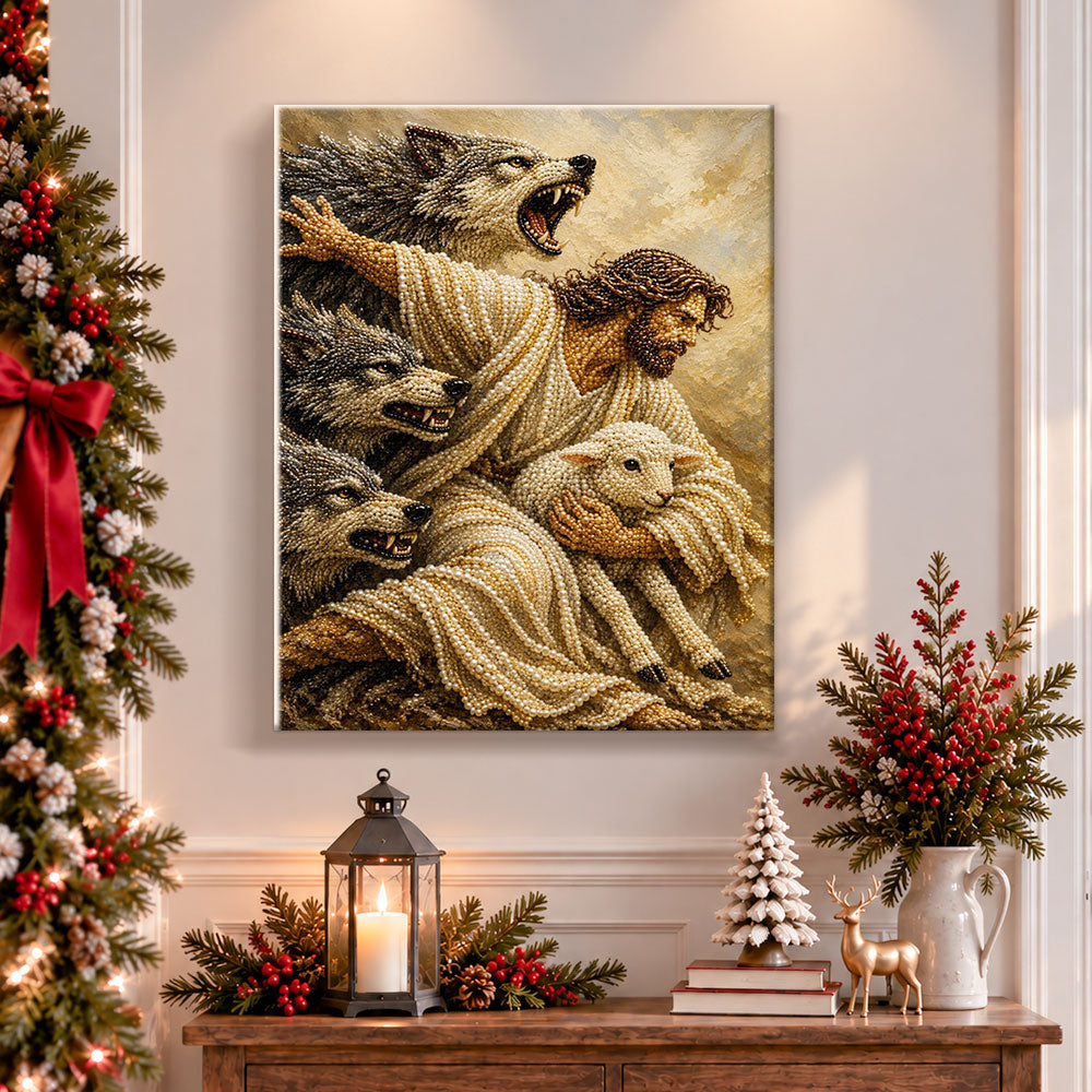 Finished the good shepherd protects the lamb pearl diamond painting artwork displayed as holiday home decor
