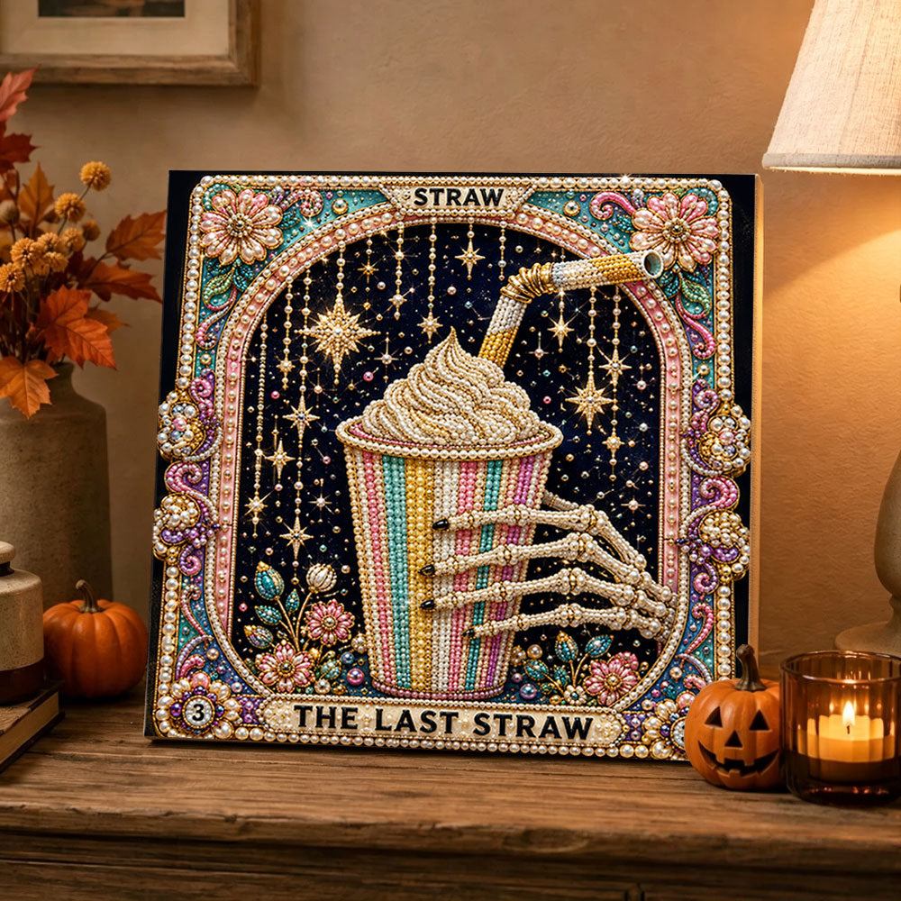 Finished the last straw skeleton drink pearl diamond painting artwork displayed as holiday home decor