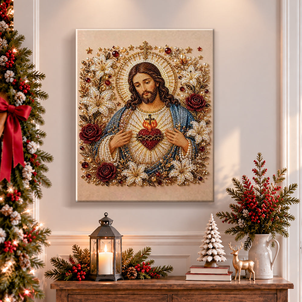 Finished the sacred heart of christ pearl diamond painting artwork displayed as holiday home decor