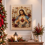 Finished the sacred heart of christ pearl diamond painting artwork displayed as holiday home decor