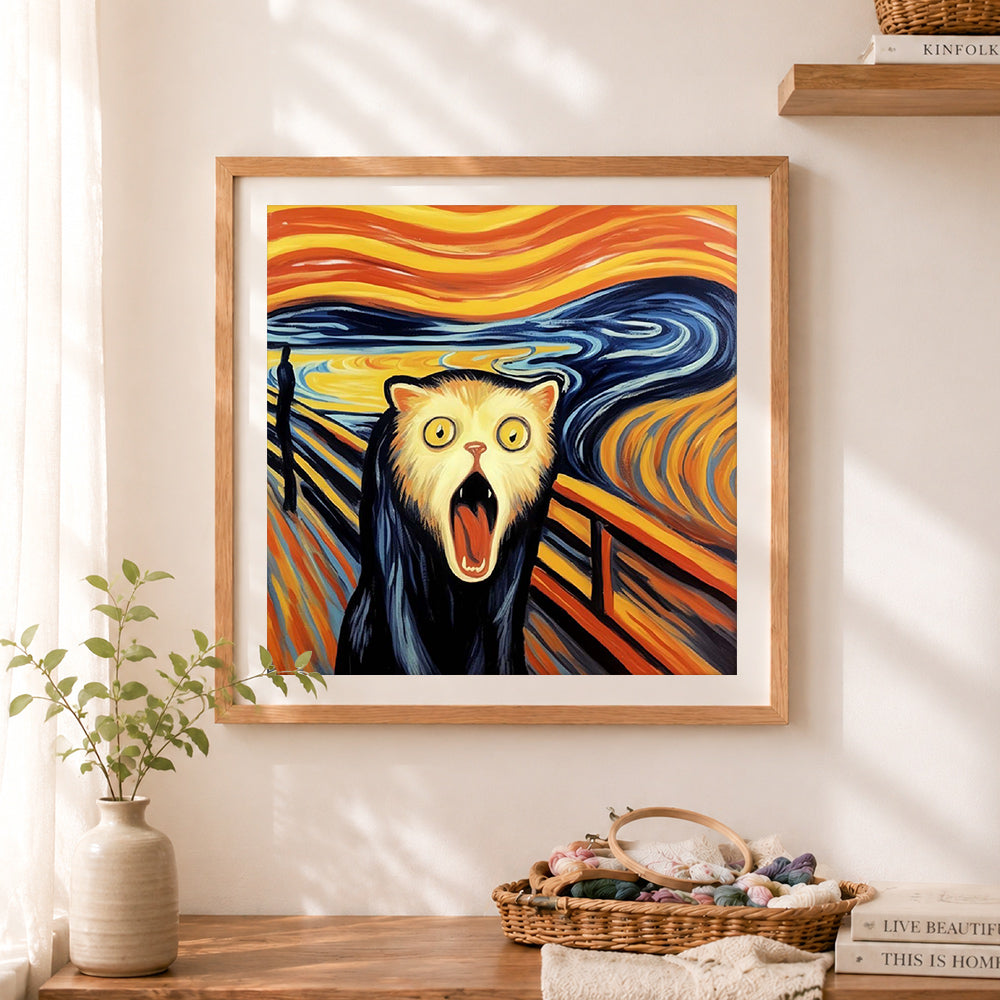 Finished the scream cat parody art cross stitch artwork displayed as home decor