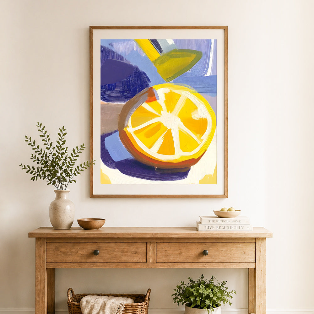 Finished thick brushstroke lemon slice cross stitch artwork displayed as home decor