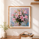 Finished thick impasto pink lily bouquet cross stitch artwork displayed as home decor