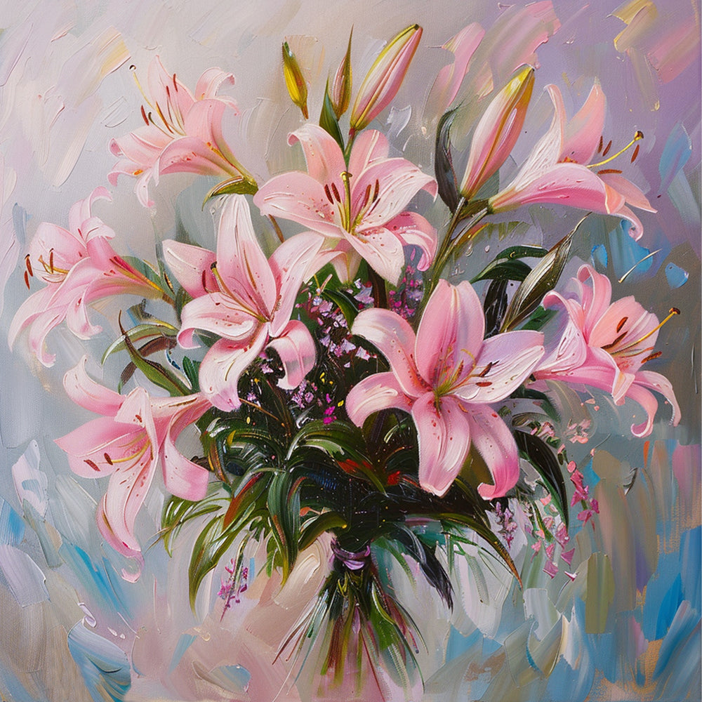 Thick impasto pink lily bouquet cross stitch kit for beginners
