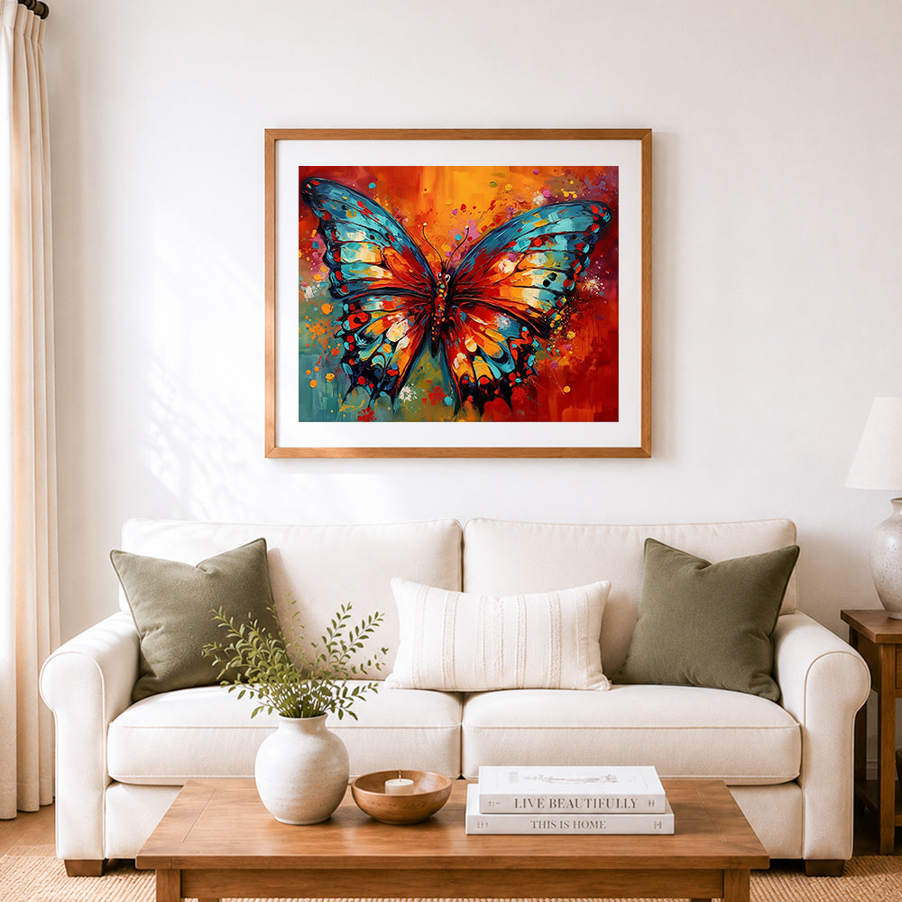 Finished thick paint butterfly cross stitch artwork displayed as home decor