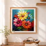 Finished thick paint colorful daisies cross stitch artwork displayed as home decor