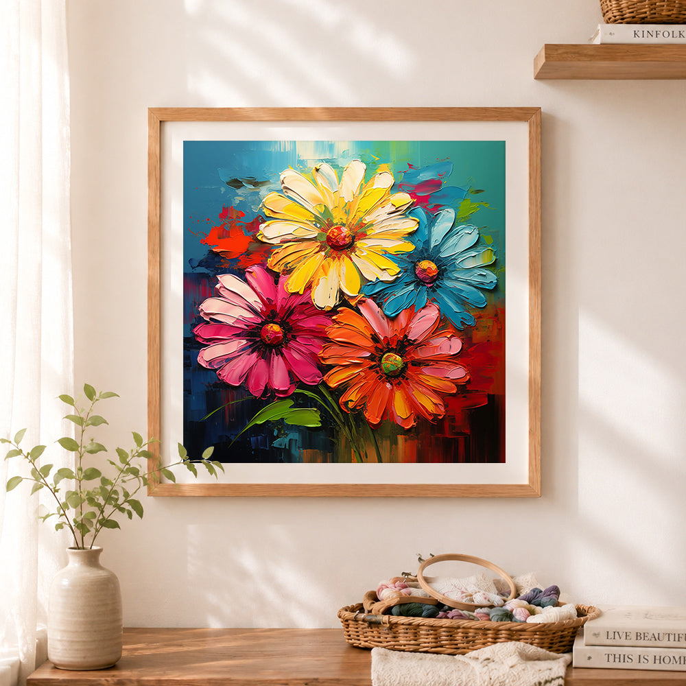 Finished thick paint colorful daisies cross stitch artwork displayed as home decor