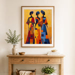 Finished three african women in colorful dresses cross stitch artwork displayed as home decor