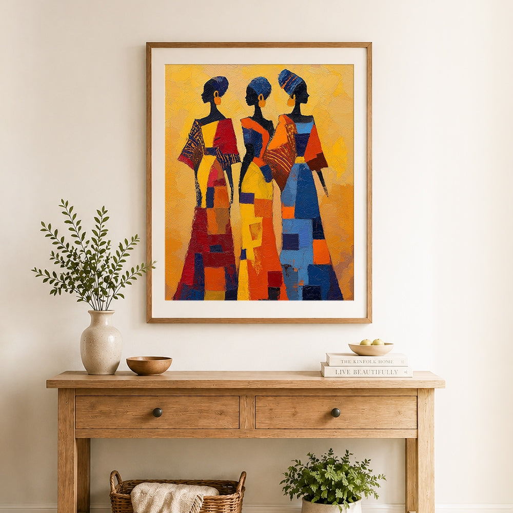 Finished three african women in colorful dresses cross stitch artwork displayed as home decor