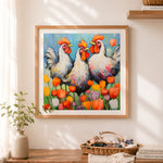 Finished three chickens among tulips cross stitch artwork displayed as home decor