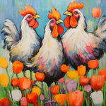 Three chickens among tulips cross stitch kit for beginners