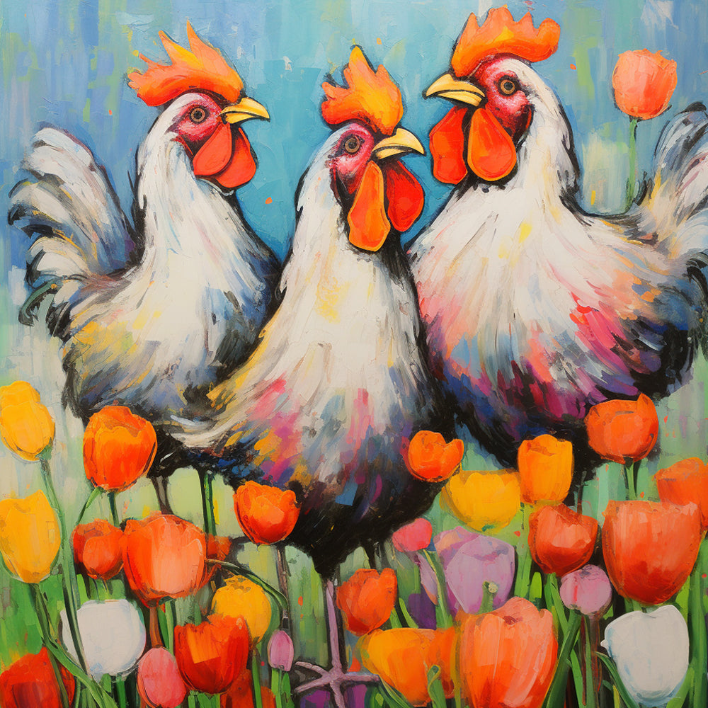 Three chickens among tulips cross stitch kit for beginners