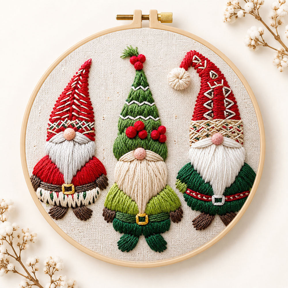 Three christmas gnomes embroidery kit
