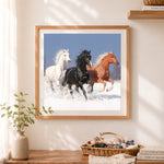 Finished three galloping horses in snow cross stitch artwork displayed as home decor