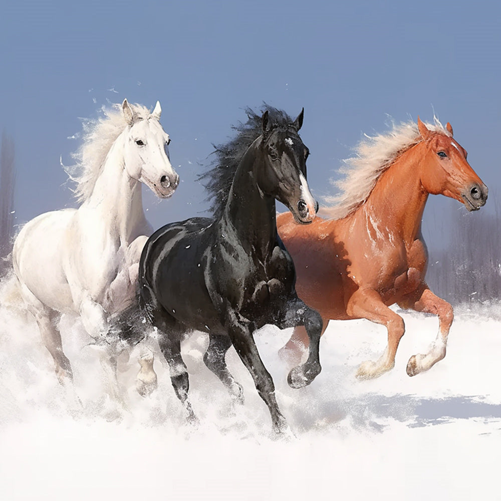 Three galloping horses in snow cross stitch kit for beginners