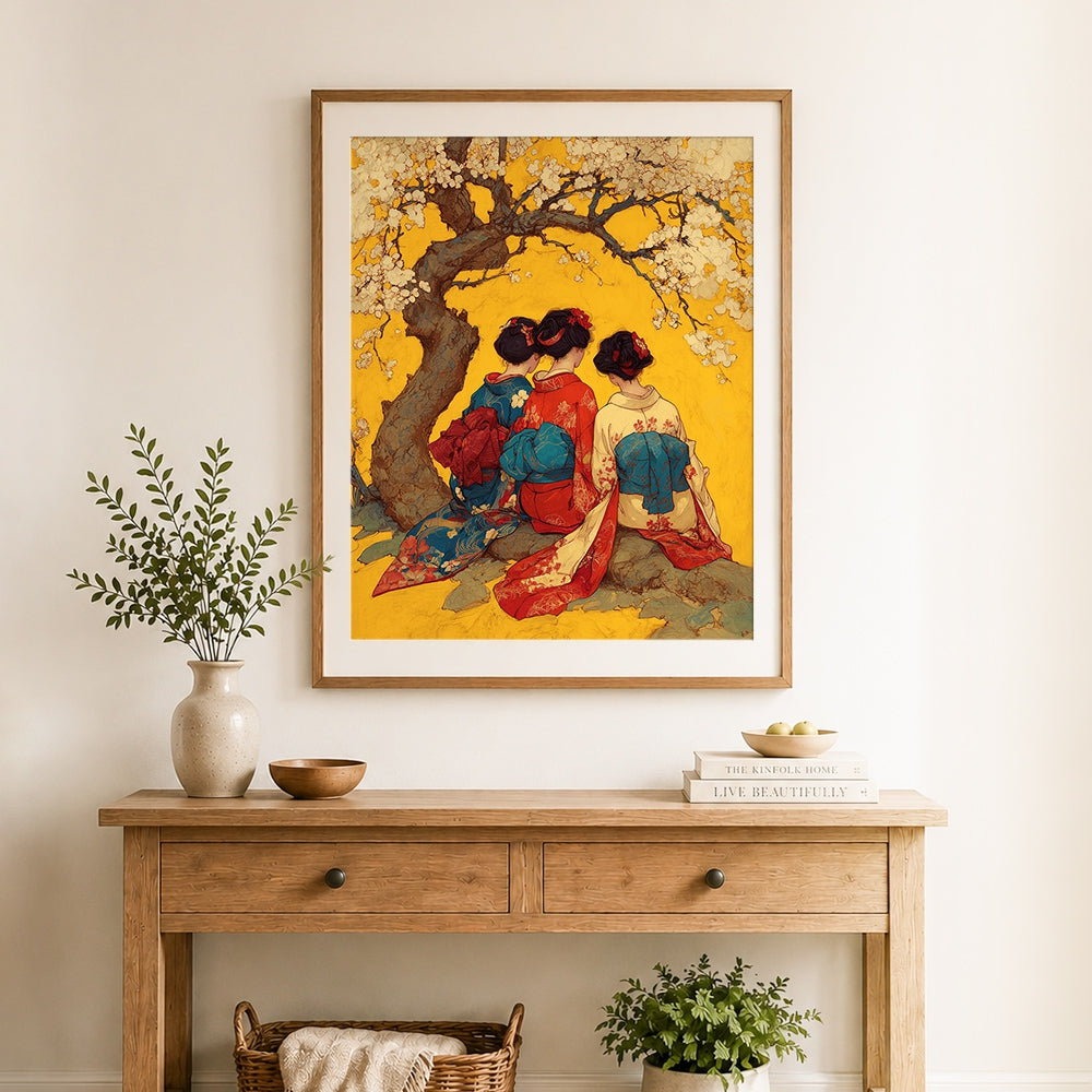 Finished three geishas under cherry blossom tree cross stitch artwork displayed as home decor