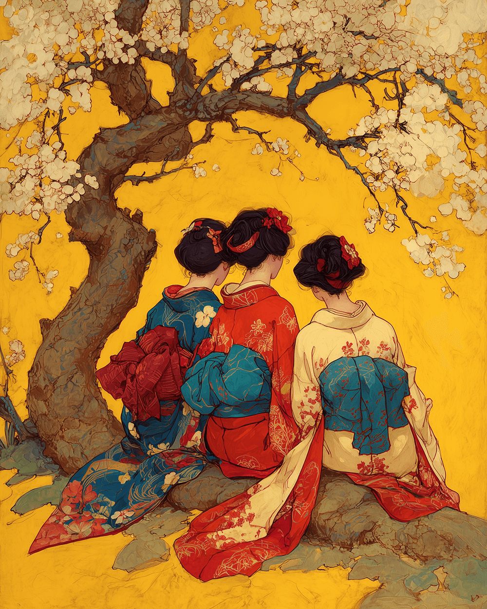 Three geishas under cherry blossom tree cross stitch kit for beginners
