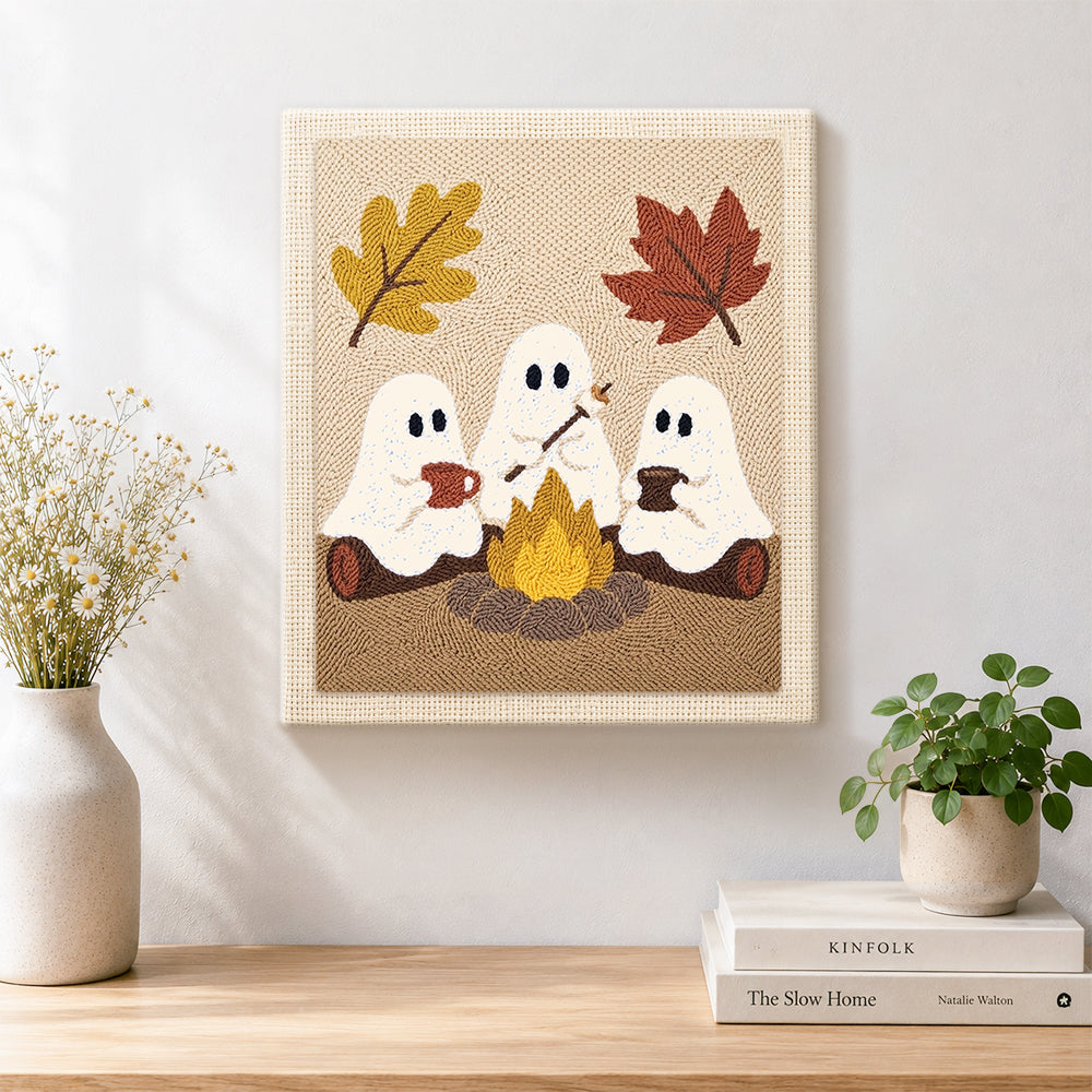 Finished three ghosts around campfire artwork displayed on a wall